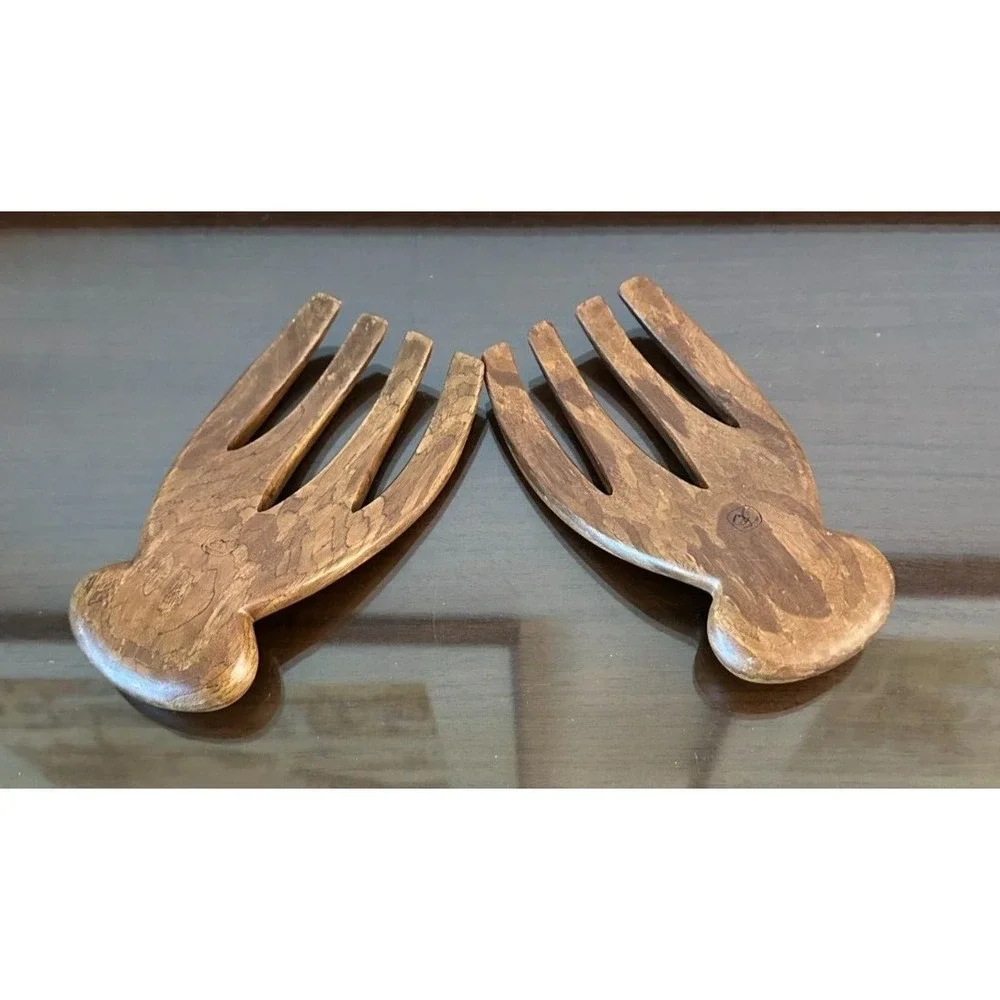 Vintage MCM Wood Salad Hands Tongs Tosses Wooden